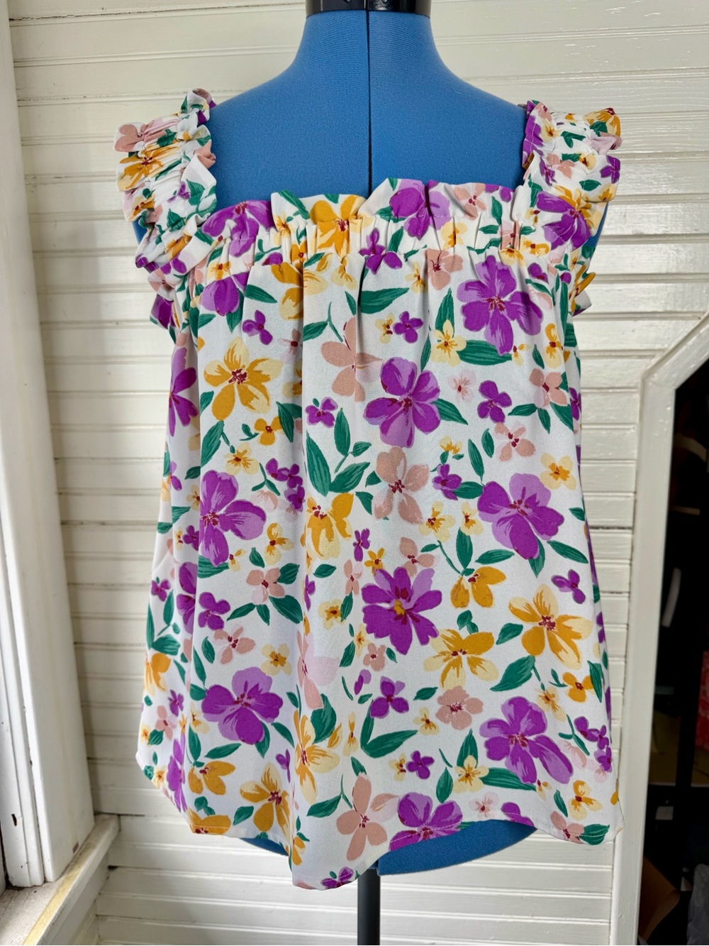Blu Pepper White Floral Ruffle Strap Camisole - Purple, Yellow & Green